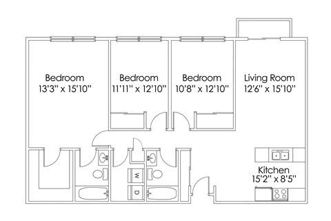 Floor plan for 3 beds, 2 baths, 1340 sqft